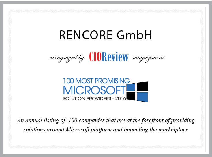 Certificate Top 100 Most Promising Microsoft Solution Providers 2016