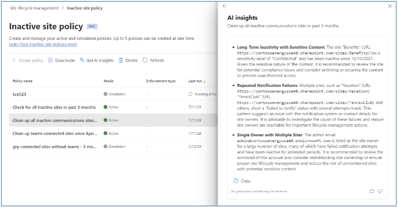 SharePoint Site Lifecycle Management with AI Insights showing inactive site recommendations