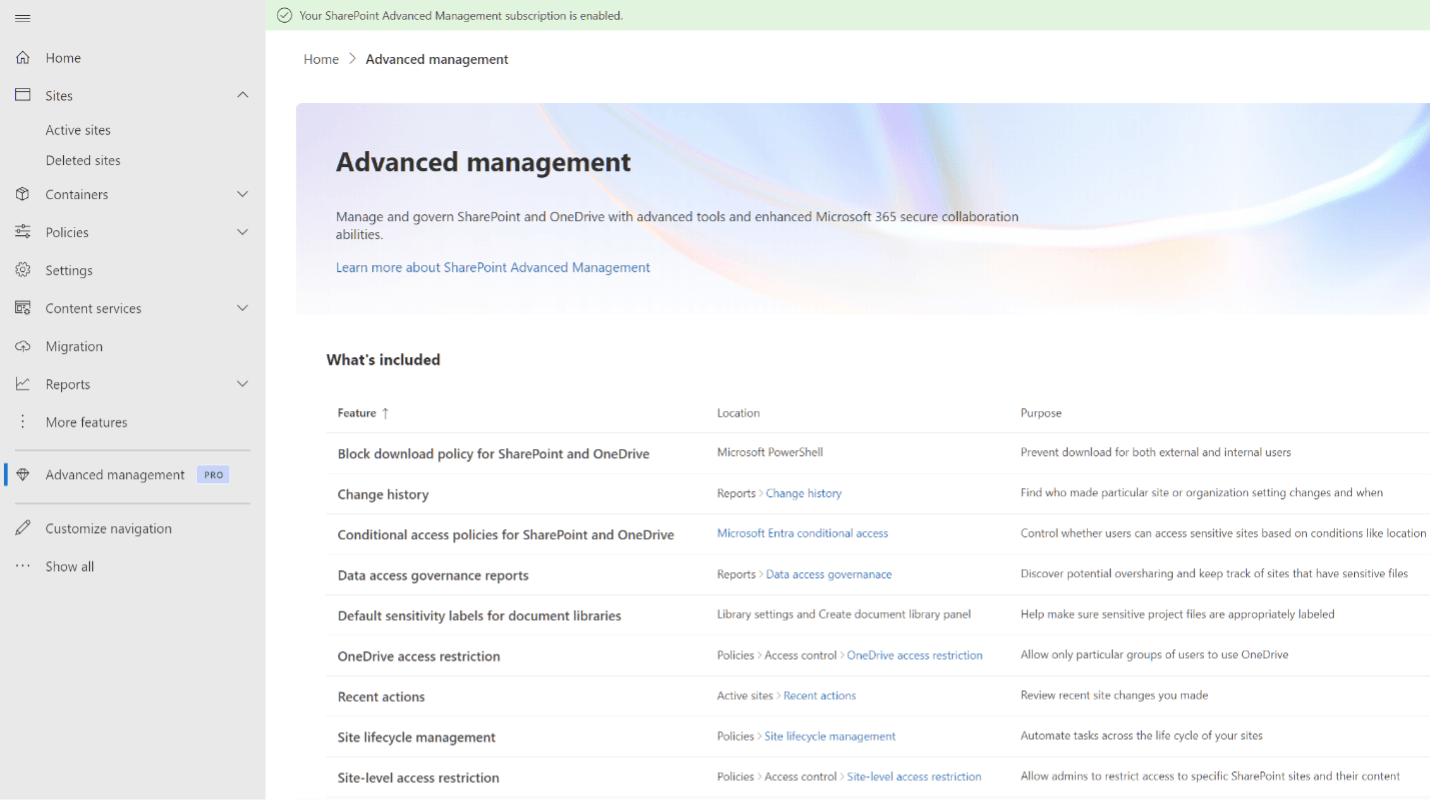 The nine SharePoint Advanced Management features in the SharePoint Online Admin Center