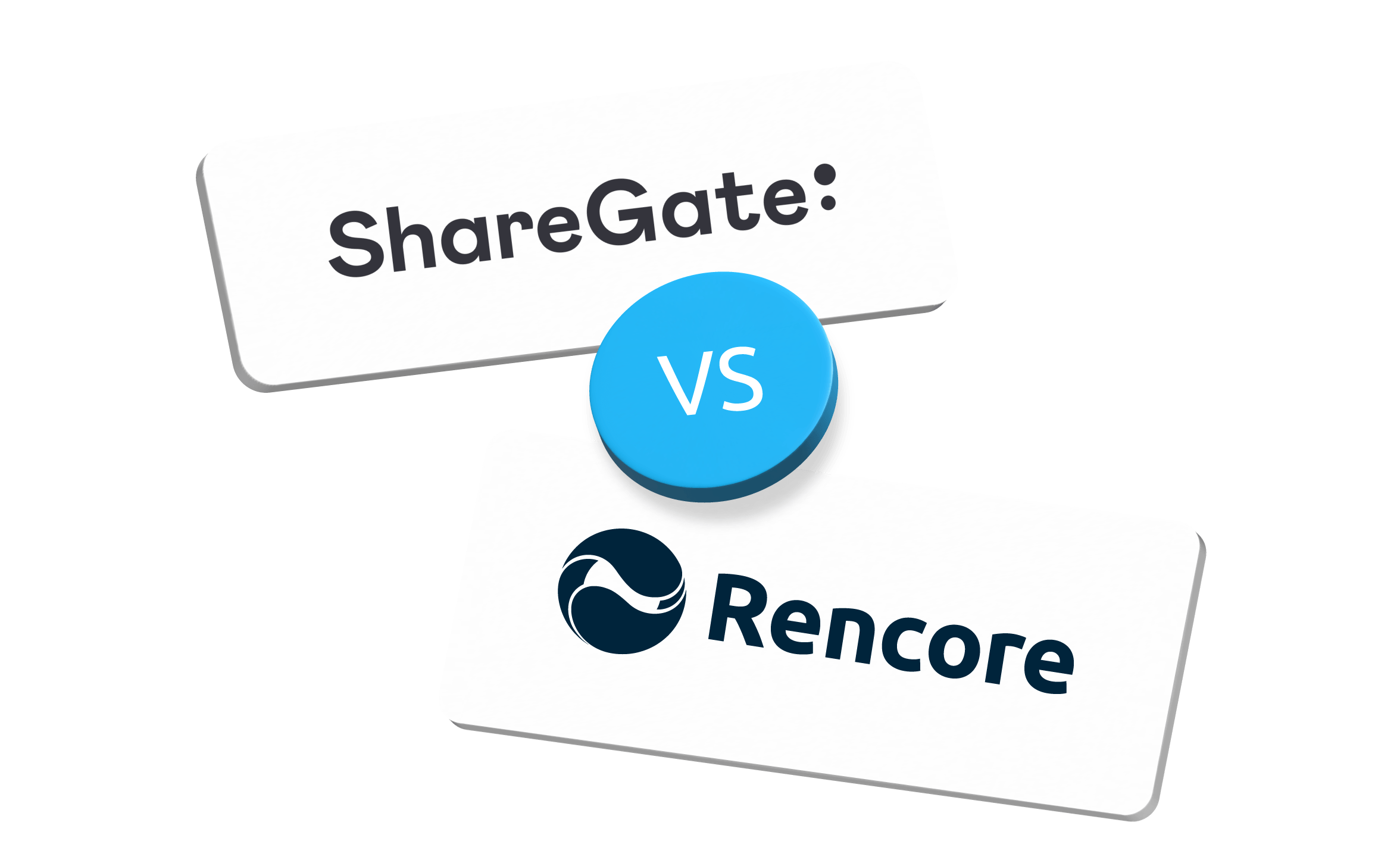 ShareGate and Rencore logos on two tilted white cards, separated by a blue VS badge