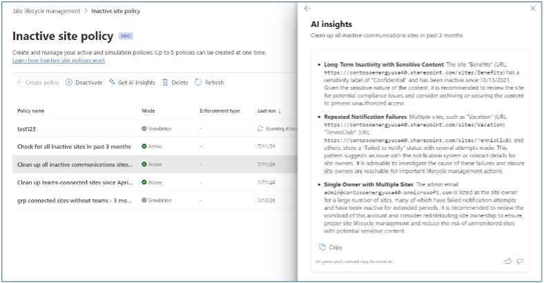 SharePoint Site Lifecycle Management with AI Insights showing inactive site recommendations