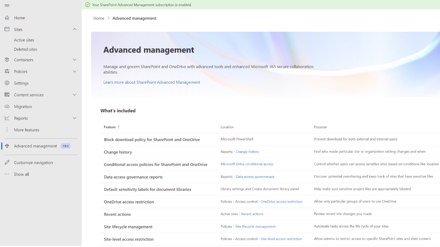 The nine SharePoint Advanced Management features in the SharePoint Online Admin Center