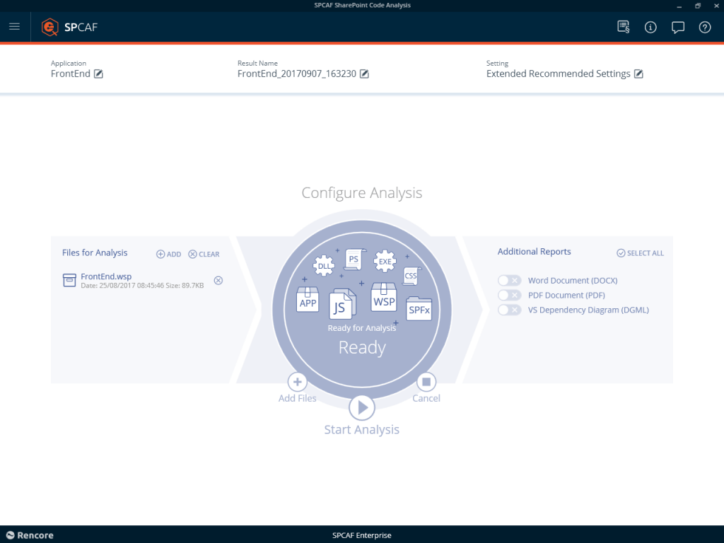 Rencore Code analysis configuration screen, with the solution package queued for analysis and optional Word, PDF and dependency-diagram reports