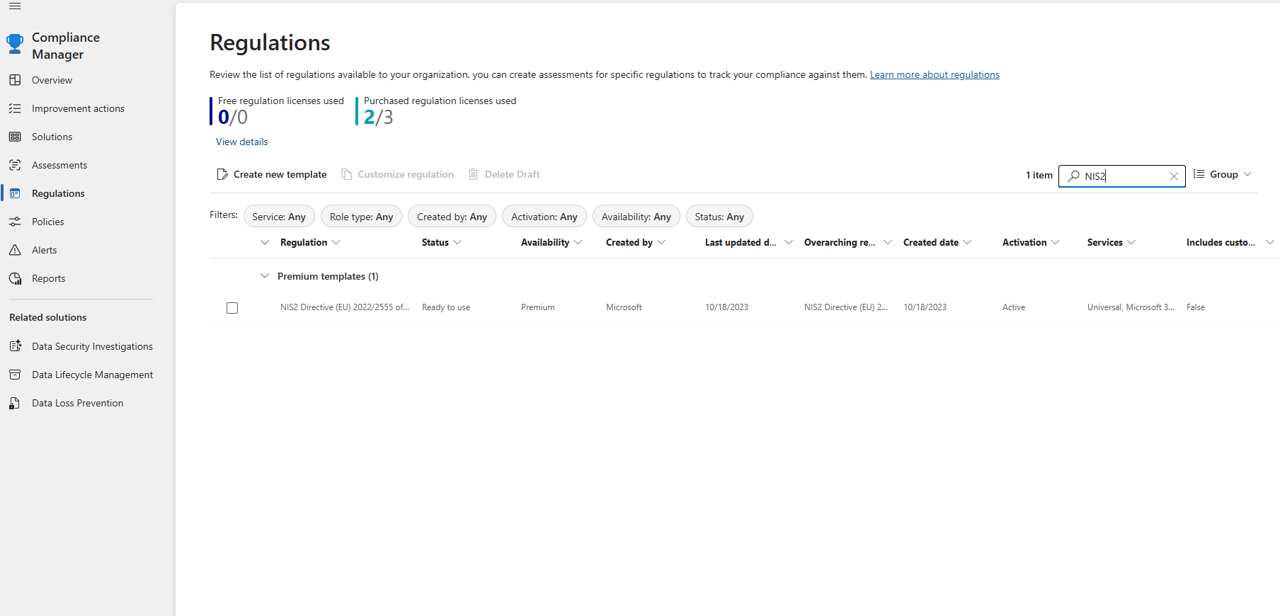 NIS2 Directive listed as a regulation template in Microsoft Purview Compliance Manager
