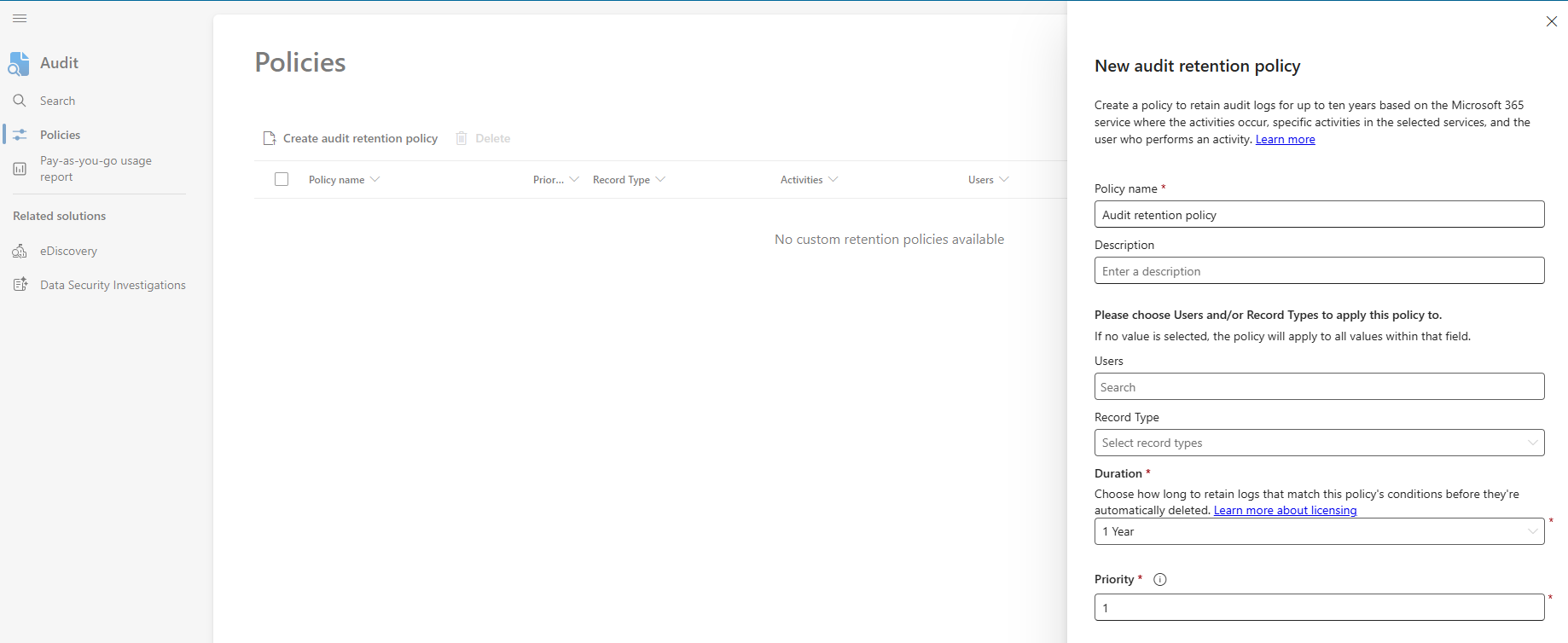Creating an audit retention policy in Microsoft Purview Audit