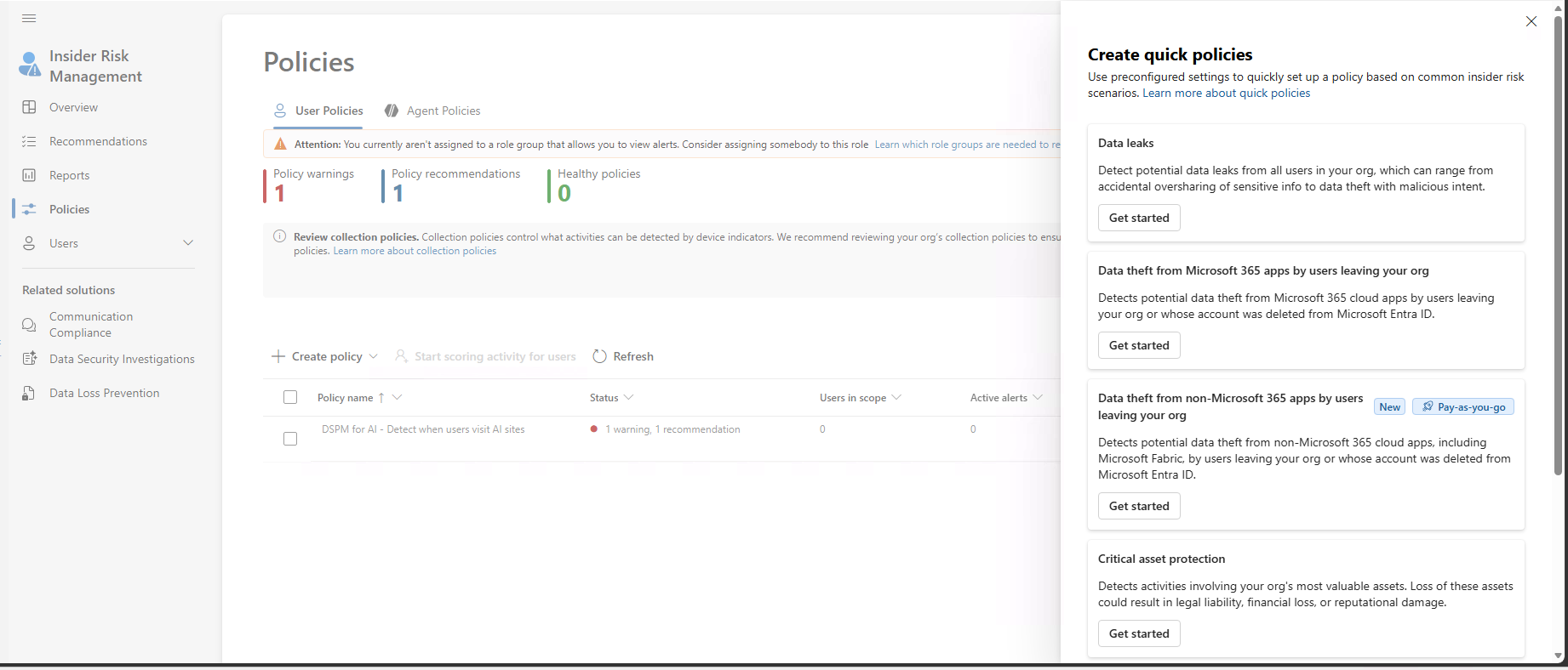 Insider Risk Management quick policies for detecting data leaks and data theft