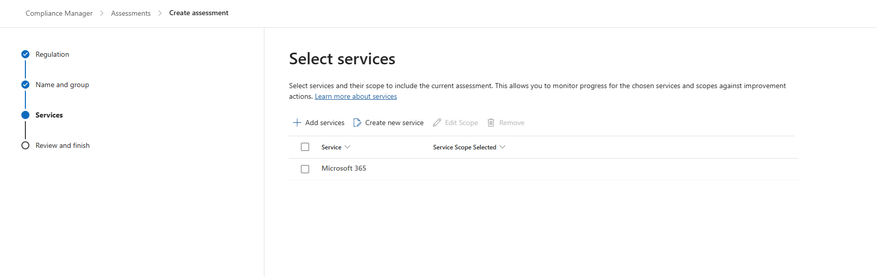 Compliance Manager assessment showing Microsoft 365 as the only available service