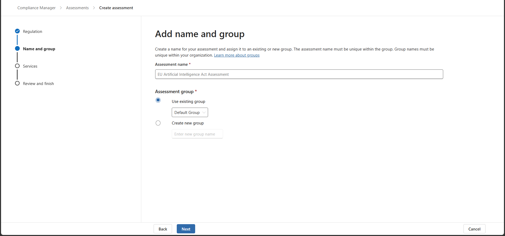 Step two of the wizard, naming the assessment and choosing between an existing or a new assessment group.