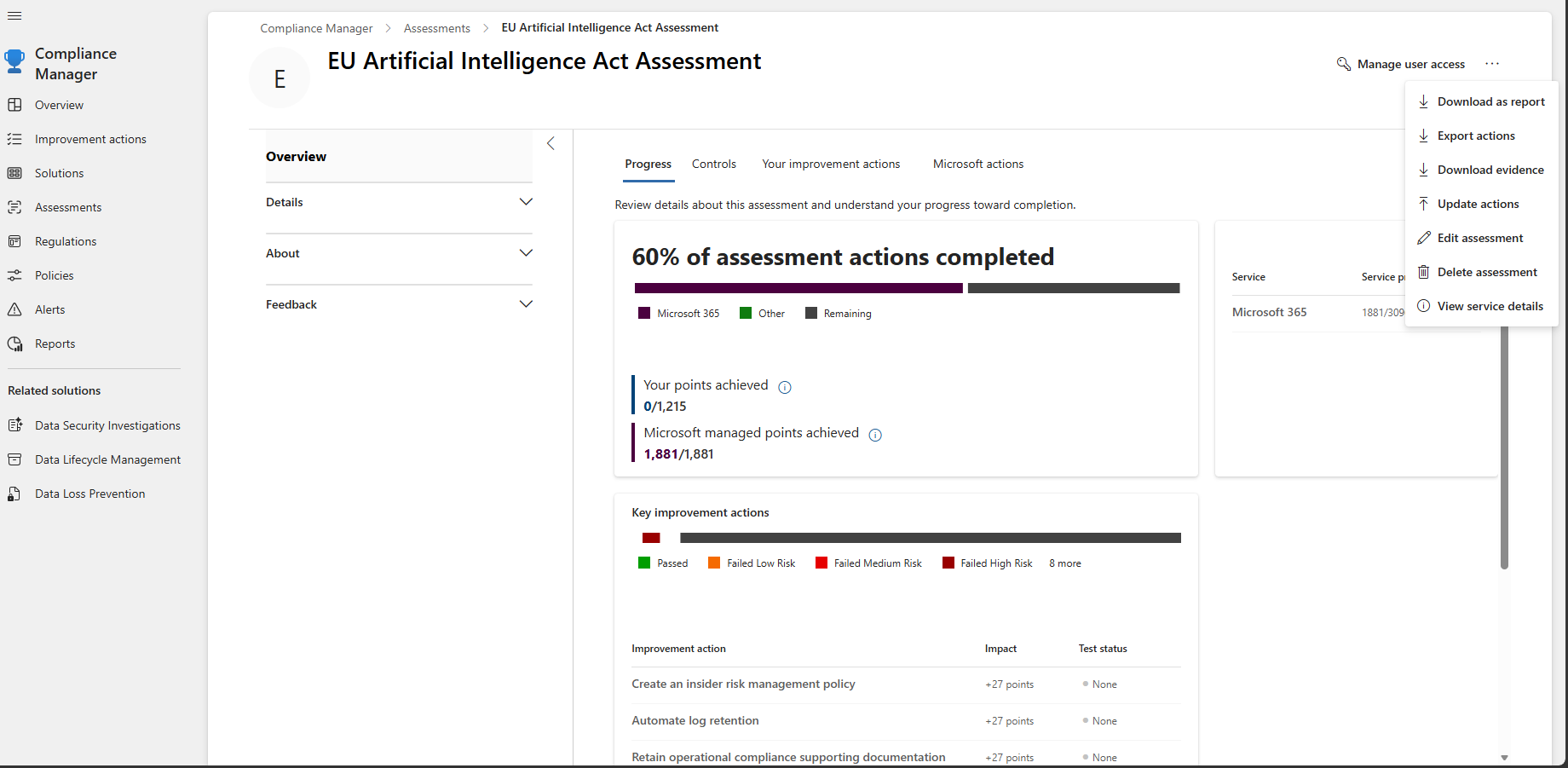 The assessment's action menu, showing Download as report, Export actions, Download evidence, Update actions and other assessment-level options.