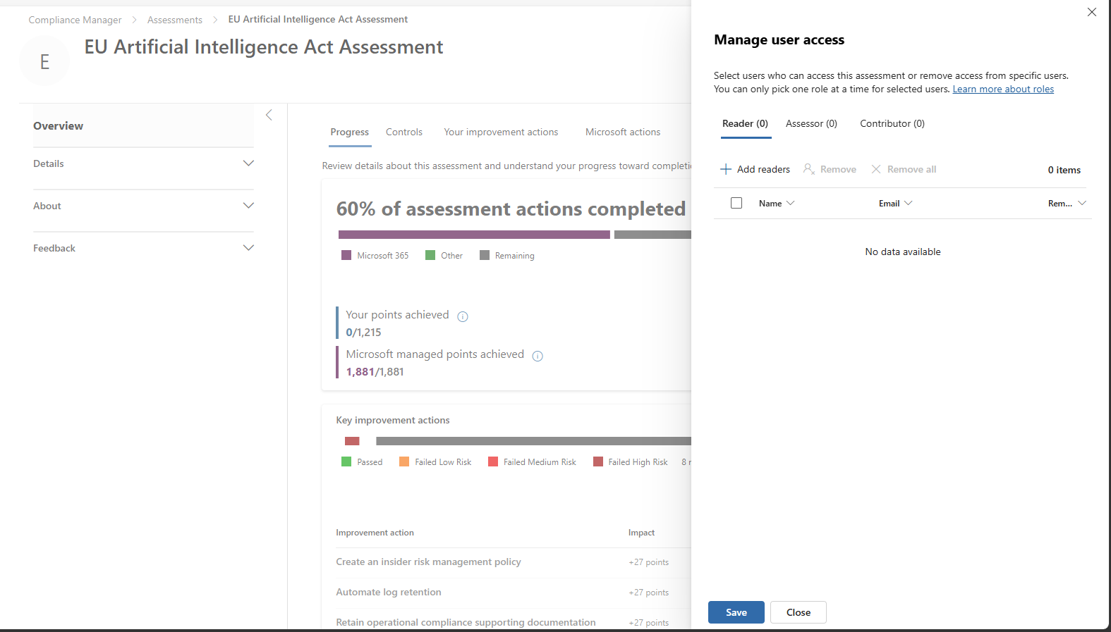 The Manage user access pane for an assessment, with the Readers, Assessors and Contributors tabs and an Add readers action.