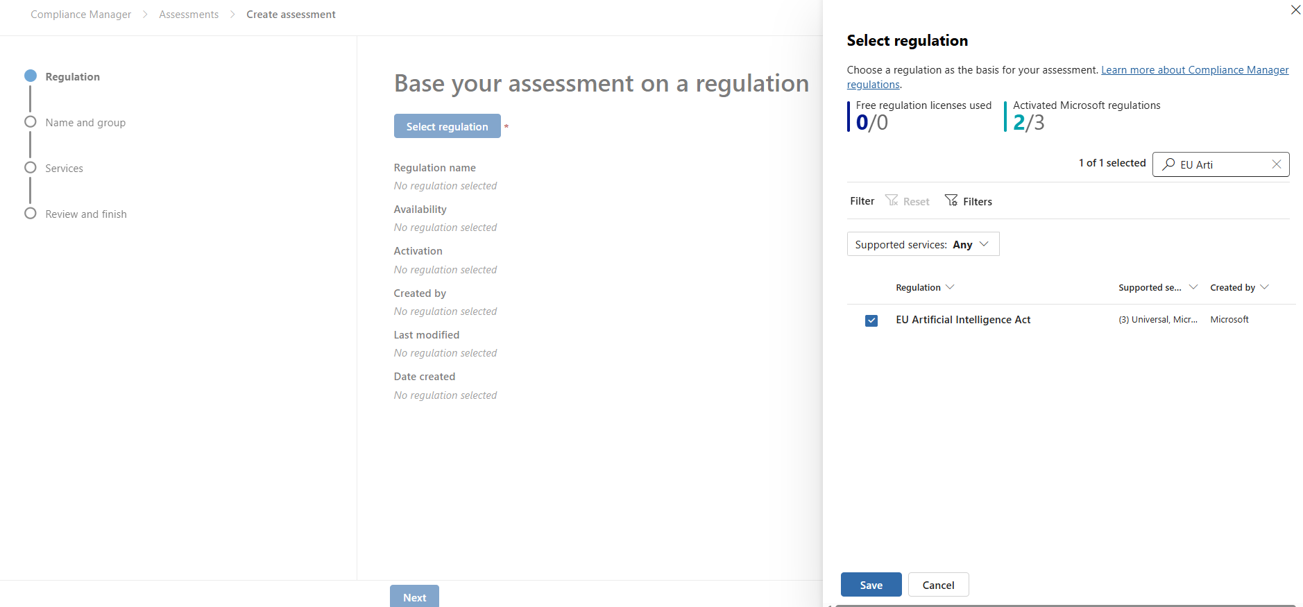 Step one of Compliance Manager's Create assessment wizard, with the EU Artificial Intelligence Act selected from the regulation search results.