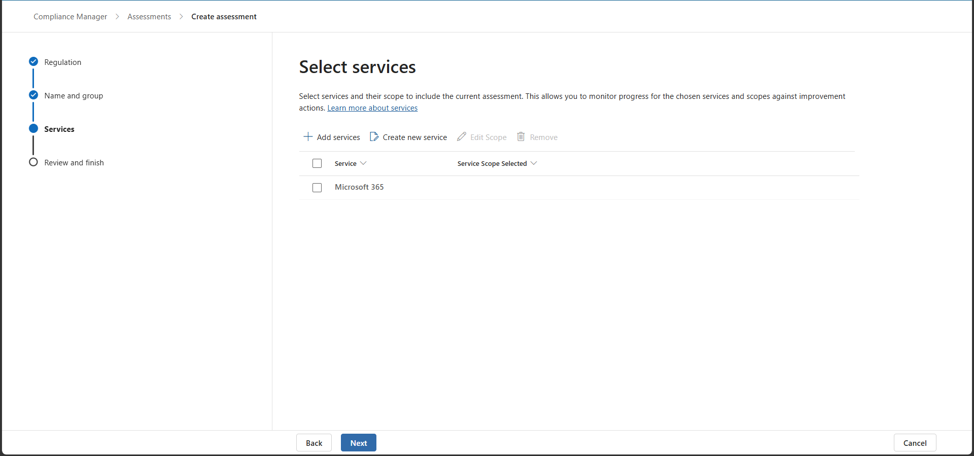 Step three of the wizard, selecting Microsoft 365 as the service in scope for the assessment.