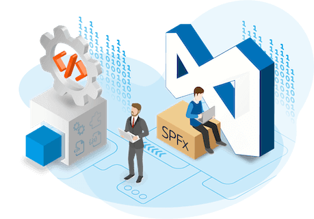 Isometric illustration of a developer and a colleague working on a laptop beside an SPFx block and a code icon, representing code quality analysis