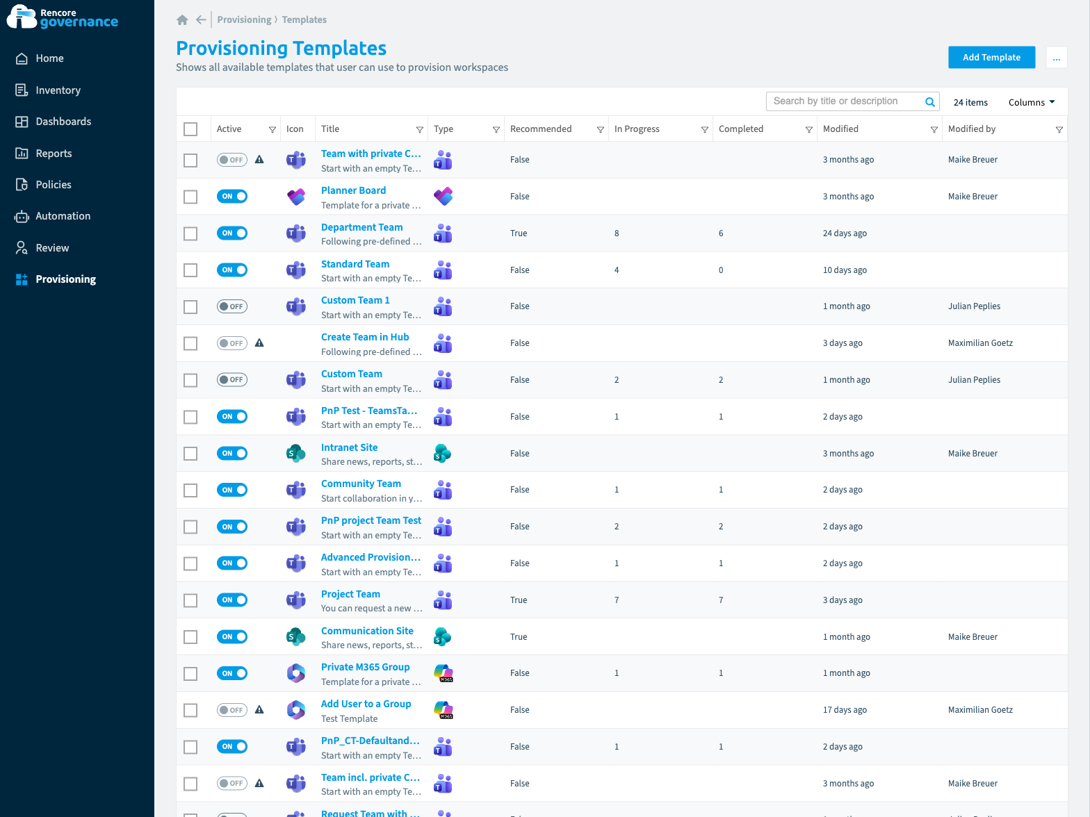 L'écran Provisioning Templates dans Rencore Governance : 24 modèles d'espace de travail, leur état actif et le nombre de demandes en cours et terminées