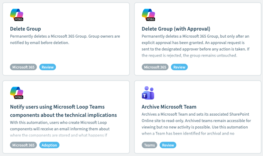 Las plantillas de automatización del ciclo de vida en Rencore Governance: Delete Group, Delete Group with Approval, Notify users about Microsoft Loop Teams components y Archive Microsoft Team, cada una etiquetada con su servicio y su categoría