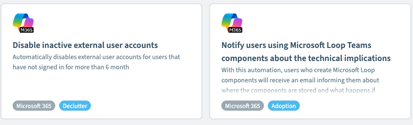 Two built-in Rencore Governance automations: one emails users who create Microsoft Loop components to explain where the components are stored, the other disables external user accounts unused for six months