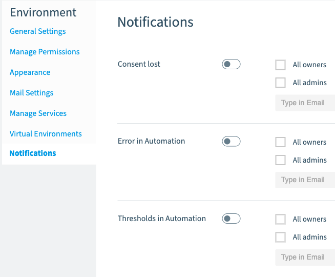 Los ajustes de notificación en Rencore Governance: reglas para el consentimiento perdido, los errores de automatización y los umbrales de automatización, cada una capaz de avisar por correo a todos los propietarios, a todos los administradores o a destinatarios concretos