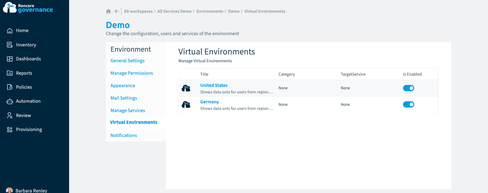 Les paramètres d'environnement dans Rencore Governance, volet Virtual Environments : un environnement United States et un environnement Germany, chacun n'affichant que les données des utilisateurs de sa région