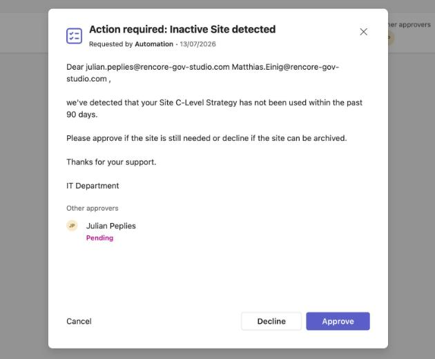 An approval in the Rencore app for Microsoft Teams: an automation has detected a site unused for 90 days and asks the owner to approve keeping it or decline so it can be archived, with a second approver still pending