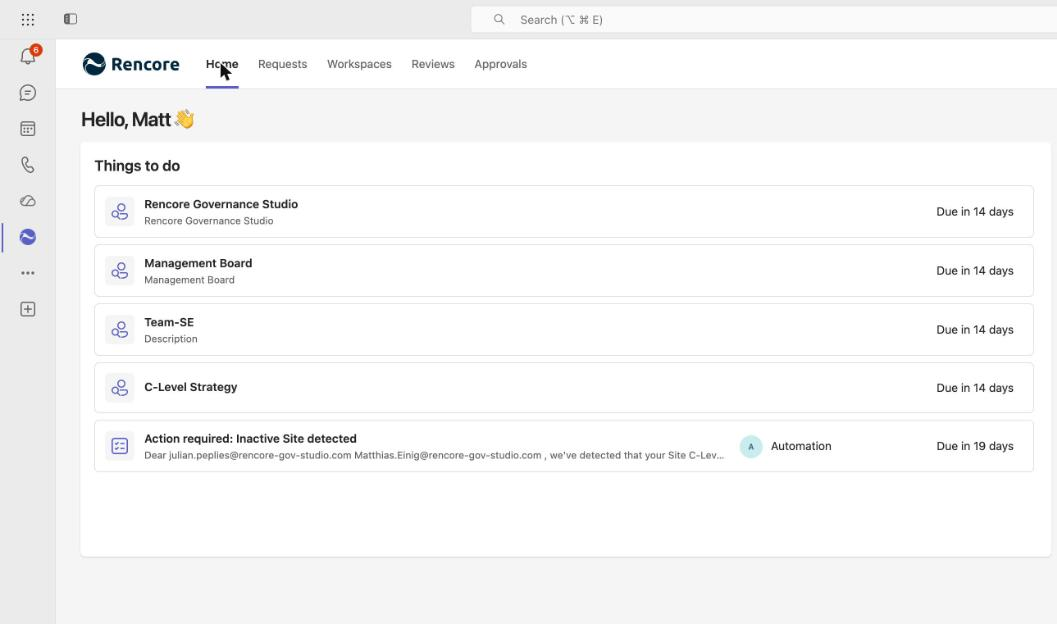 The Rencore app running inside Microsoft Teams, showing an owner's Things to do list of workspaces awaiting attestation
