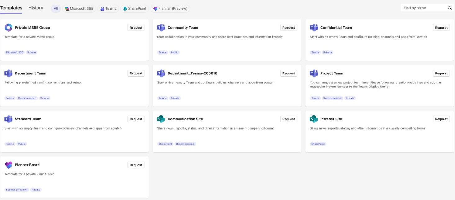 The provisioning request template gallery in the Rencore app for Microsoft Teams: nine templates including Private M365 Group, Community Team, Confidential Team, Department Team, Project Team, Standard Team, Communication Site, Intranet Site and Planner Board, each with a Request button and tags for its type and visibility.